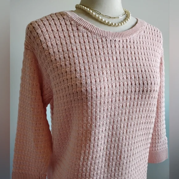 Talbots Cotton Blend Basket Weave Knit 3/4 Sleeve Pastel Pink Sweater Sz Medium - Picture 5 of 17